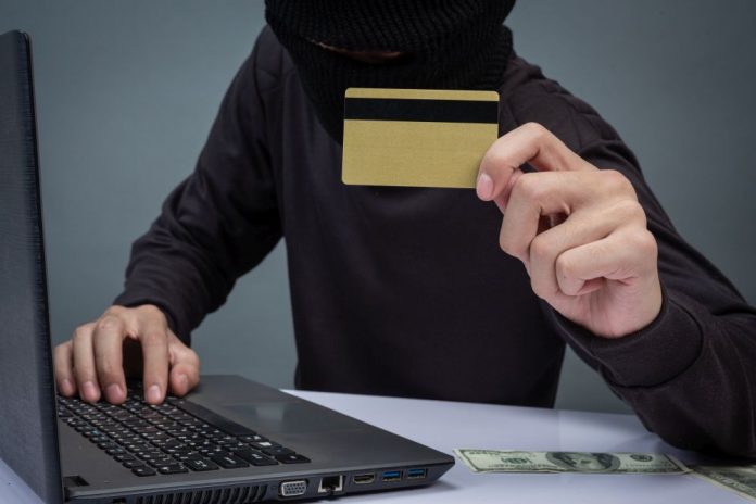 Thieves hold credit cards using a laptop computer for password h